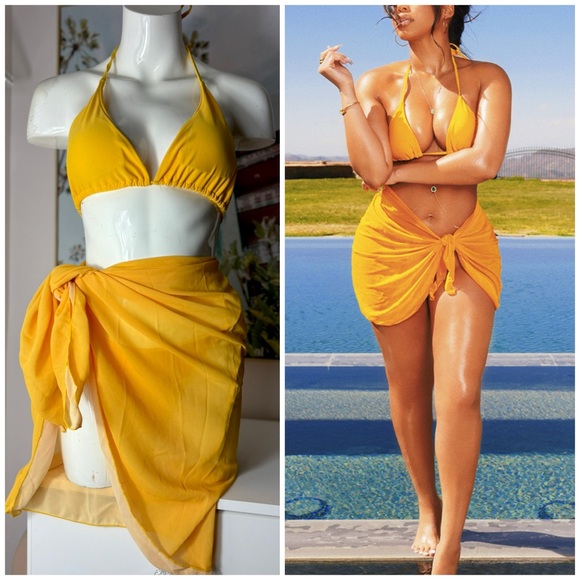 SHEIN Yellow 3pc Triangle Top Side Tie Bikini & Coverup Sarong Set Size XL - Picture 1 of 10